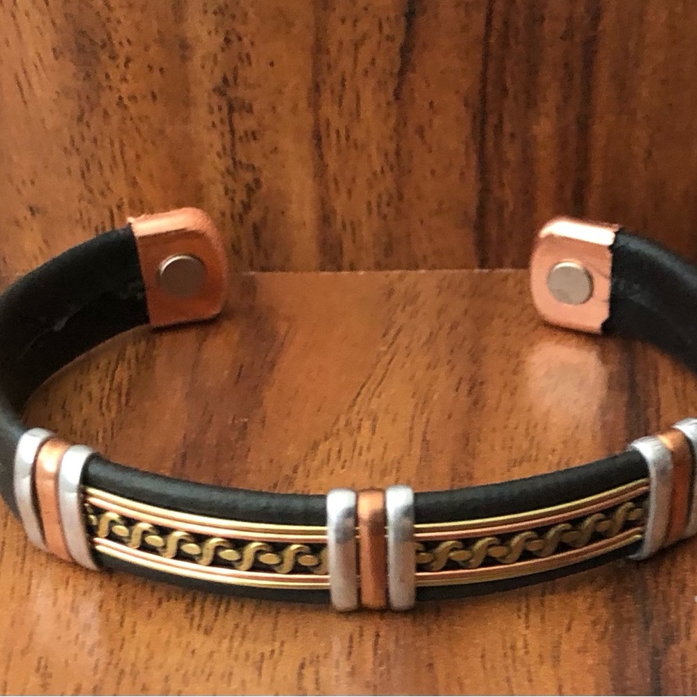 Two Tone Leather Wrapped Pure Copper Magnetic Bracelet Energy Cuff Bangle - Picture 2 of 6